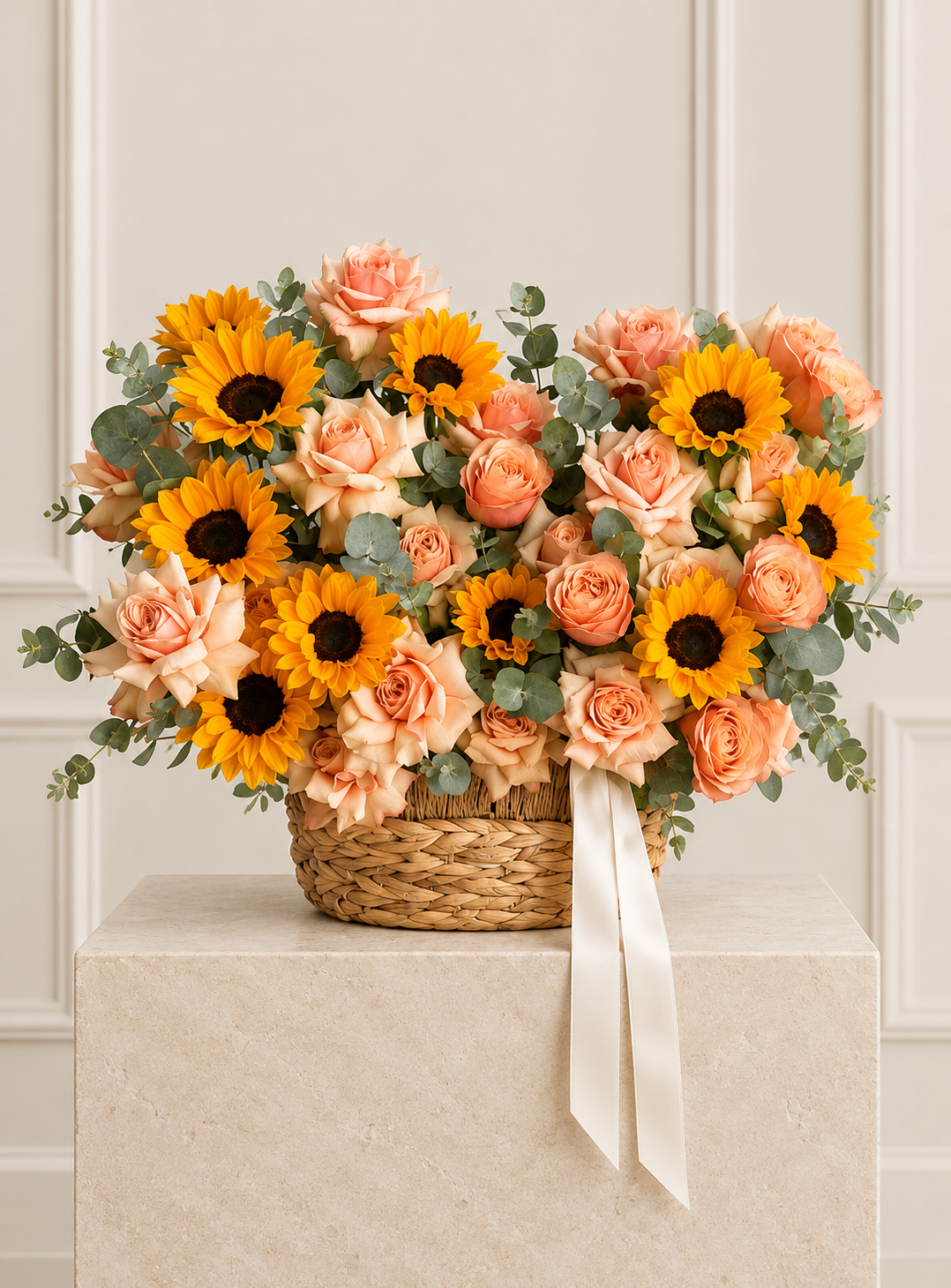 Golden Sunshine & Peach Roses Basket